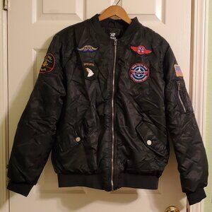 XRAY Jeans Black Bomber Jacket XL Military Patch Flight Jacket MA-1 Style